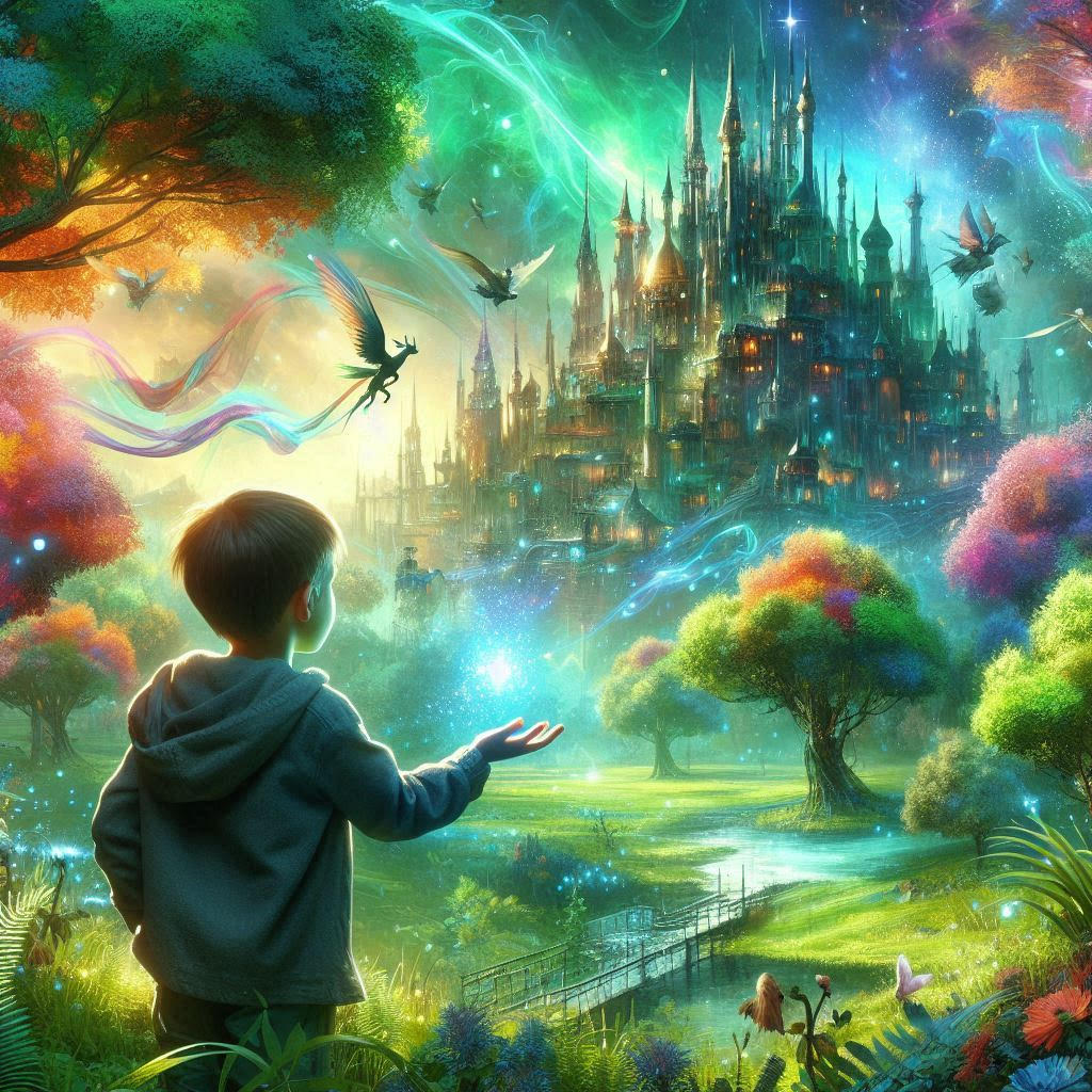 Picture= A child extending his hand and creating a magical world with a majestic castle. Colorful with creatures flying and wisps of magic.
